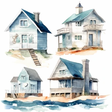 watercolor ocean seascape cottage clipart, white background