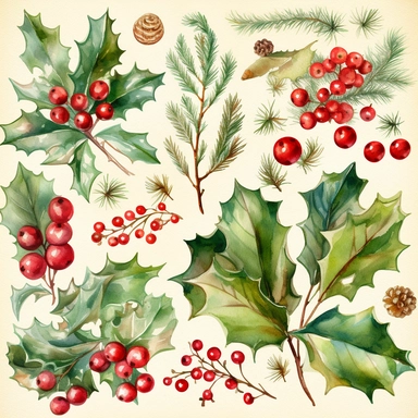 Generate a set of watercolor clipart images with a Christmas theme, featuring delicate and intricate designs of traditional holiday symbols like snowflakes, holly leaves, mistletoe, Christmas trees, and ornaments. The images should have crisp lines and clear outlines, with a high level of detail and subtle colors to make them elegant and beautiful. Please generate the images at the highest quality possible, with a resolution of at least 300 dpi and a size of 8x8 inches