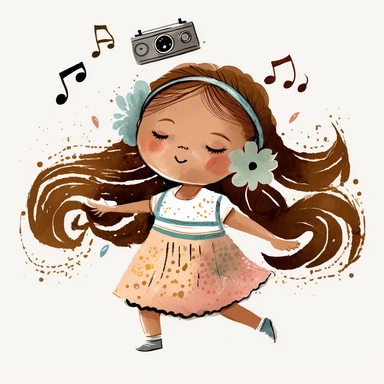 watercolor clipart, Girl dancing, A 6-year-old girl with brown hair and brown eyes, her hair was always carefully styled into two long, straight braids, happy, radio, musical notes, rhythm, whole body, dress, color, movement, magic, White background
