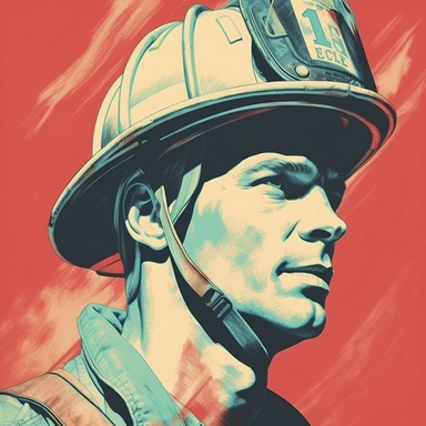 risograph vintage style, american firefighter portrait, postcard, clipart