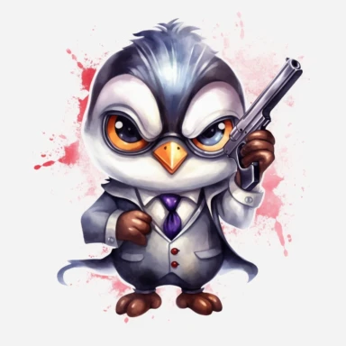 a mafia chibi penguin with cute big eyes, happy smiling face, cute animal, adorable, playful atitude, adorable watercolor animal clipart, no background, high quality and very sharp image with clear focus v5
