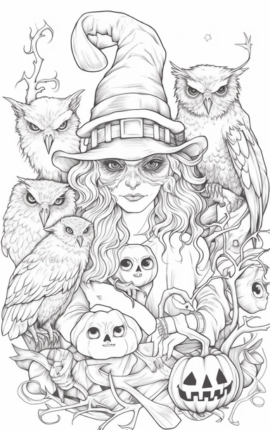 Coloring cartoon page for adult,witch clipart 6 witches, owl, in the style of reimagined by Dr. Seus, mystic mechanisms, illusory images, witchcore, lith printing ,clear and clean line art, white background