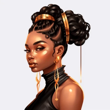 black dark-skin women with long slick back braided ponytail wearing a golden crown staring straight forward with big shiny lips, clip art - Image #1 <@1109865557370617876>