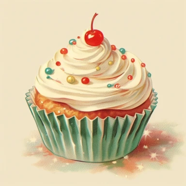 vintage Christmas cupcake clipart, with frosting, sprinkles, candy, m’n’ms, 1940s , chromolithograph, on a cream colored background