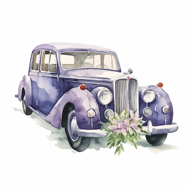 watercolour wedding car, clipart on white background, highly detailed, professional color gradation, clean sharpness