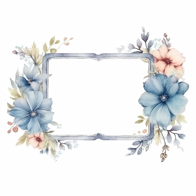 watercolor clipart of a empty suttle dainty floral rectangle frame surrounded by dusty blue color flowers. Capture the essence of blooming beauty and intricate details in your artwork, white background