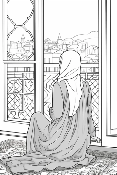coloring page of a back view of a beautiful Hijabi girl, reading a book that covers her face while is sitting in her moroccan house and a window is open, no face is showing, muslim lady clipart, veiled woman clipart, coloring book page for teens, no text, clean and simple line art