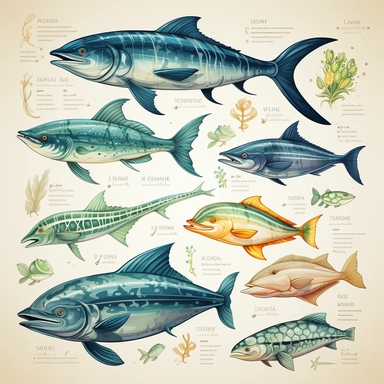 Watercolor set of hand-drawn marine illustrations - mahi-mahi fish, marlin, dolphin, whale, tuna, wahoo, stingray. Character, logo, children wallpaper, doodle. Marine clip art. Ocean, sea inhabitant.