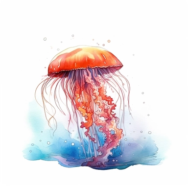 Red orange watercolor style jellyfish in ocean clipart, white background, no text, for childrens reading book