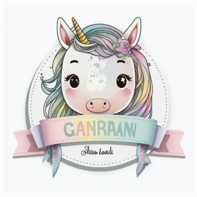 personalised name plate ribbon for text, a large unicorn chibi face, birthday invite, pastel clipart, Watercolour, pure white background