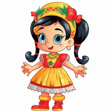 a cute blond little girl dressed for a brazilian junina party, with a blue and yellow flowing dress, braids in her hair, red shoes, happy, Monica's gang style, Graphics Maurício de Sousa, digital art, big eyes, cartoon, clipart , country girl from festa junina from brazil cute drawing white background