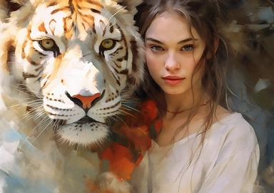 Fixed camera, Watercolor sketch, simple Clip art, An oil painting of a girl holding a white and yellow tiger, in the style of anne stokes, josephine wall, chiaroscuro portraitures, red, animated gifs, vladimir volegov, fujifilm natura 1600 realistic line art, portrait,