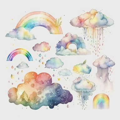 clouds, rainbow, watercolor,all white background, clipart