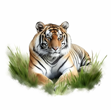 bird view, full body tiger resting on a field, watercolour style, clipart style, isolated on white background, 8k, realistic, full hd, ultra clear image