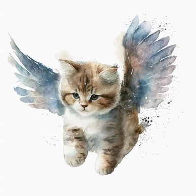 kitten with angel wings flying, cute, watercolor, white background, clipart