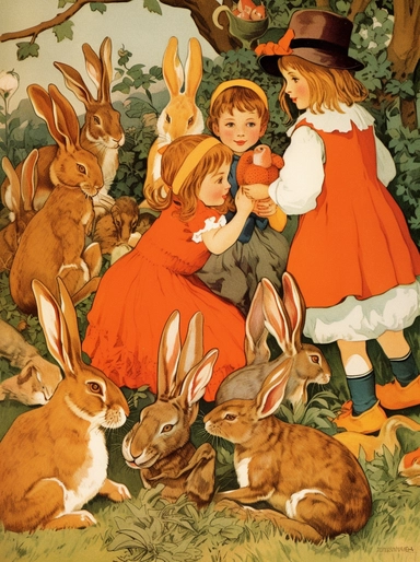 a clipart picture of a rabbit with many kids, in the style of dorothy johnstone, nostalgic paintings, colorful animation stills, angela barrett, karen wallis, orange and brown, pseudo-historical fiction