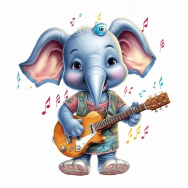 cute Elephant character wearing rock music clothes and music element with happy face,front facing on isolated background,with happy face and expression,Animal Sublimation Clipart,no splash watercolor,white background, ultra detailed clipart, cut out image, colorful watercolor realistic, cartoon style, ultra HD, sharp and clean art