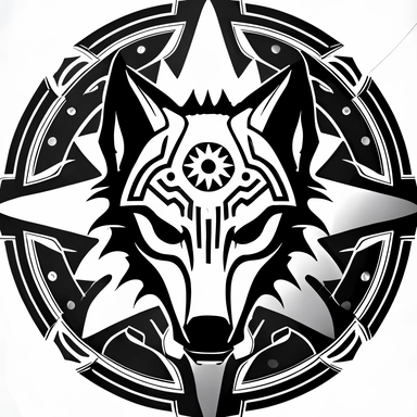 icon clipart of a dire wolf head and a sun in the back black and white as a Star Wars mandalorian signet symmetric