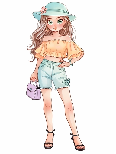 cute summer girl full body drawing, illustration clipart, detailed, black outline, white background, digital art, watercolor