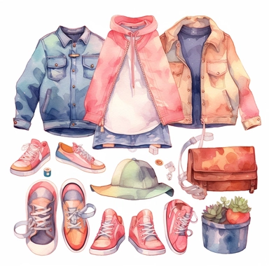 elements of cute Korean style t-shirts, blouses, jeans, purses , flat shoes, sneakers, hats, dresses, skirts for a cute sweet girl cliparts in watercolor on white background