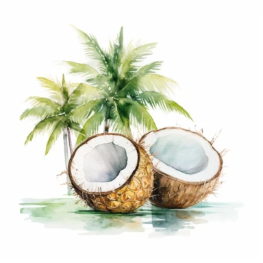 Watercolor drawing of dreamy island coconut and pineapple, watercolor clipart, white background, isolated on white, 8k, watercolor style