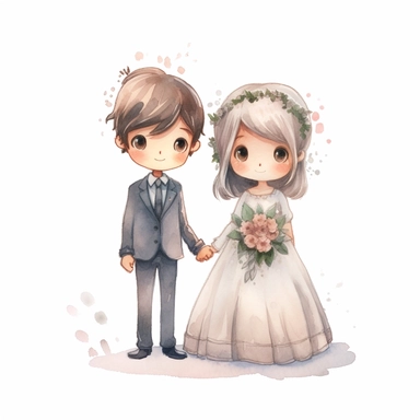 full body Little bride and groom, Watercolor Clipart, strybk, full Illustration, 4k, sharp focus, watercolor, smooth soft skin, symmetrical, soft lighting, detailed face, concept art, muted colors, watercolor style, strybk, children's style fairy tales, chibi kawaii, . Octane rendering, 3d. Perfect face, detailed face, delicate face, perfect sharp lips, detailed eyes. Craig Davison, Aubrey Beardsley, Conrad Roset, Aikut Aidogdu, Agnes Cecil, watercolor style