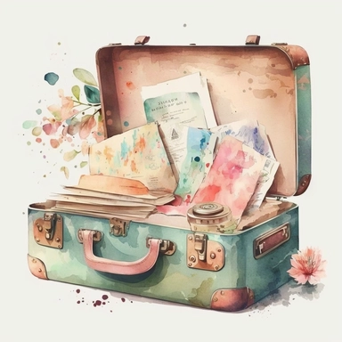 an open travel luggage. Watercolor clipart