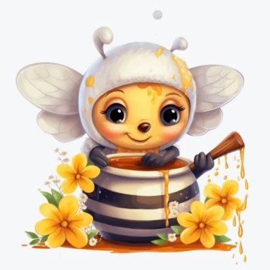 cute bee with honey pot eating honey and flowers realistic white background cartoon style Sublimation Clipart Graphic