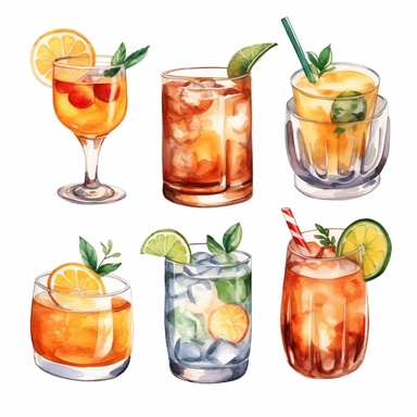 Alcohol cocktail collection. Watercolor illustration. Drinks clipart set on white background