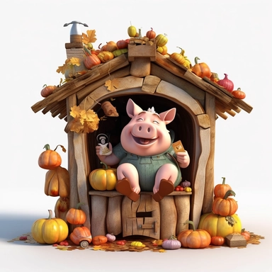 pig in a pig sty eating leftover food scraps of pumpkins corn and apples, old tree behind pig style. Fairytale Cartoon Art Style, Full Body Image and Appearance, 3D-Designed Character, in style of clipart with no background.