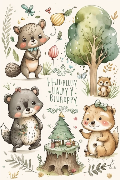cute illustration, cartoon, vector, clipart set, happy birthday forest, lovely baby animals, sweet, aquarelle, pastel painting, fresh colors, classic Disney style, isolated, white background