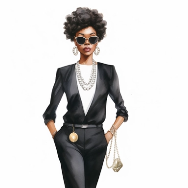 Black woman in a chic pantsuit with a statement necklace, water color style, clipart, white background