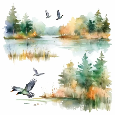 watercolor hunting scene in forest or fields with lake in vicinity where bird flocks take off in numbers , illustrations clipart set, simple, , cartoon elements ,different variants , natural elements, separate elements with a margin, ,4k, high resolution, , natural colors, vibrant green tones, birds,