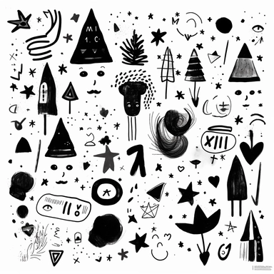 a collection of clipart, black inky brushstroke outline shapes on a white background, simple arrows, faces, triangles, stars