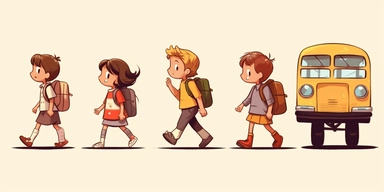 different back to school clipart pictures kid walking and running over to the school bus, in the style of charming anime characters, emotive body language, animated gifs, detailed costumes, red and beige, toy-like proportions