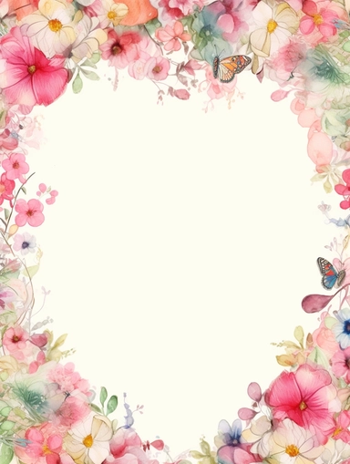 frame for poster, narrow vignette along the sides and the corners of the picture, little cute wild bright clipart flowers like hearts vignette, soff pastel blank center of the picture,