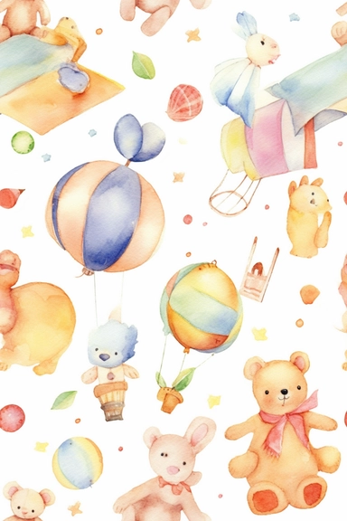 Watercolor clipart of fun baby toys and accessories in vibrant hues, perfect for designing a baby's room or creating party favors. (style: Beatrix Potter and Margaret Tarrant)(composition: repeating pattern of whimsical baby items like mobiles and rattles)