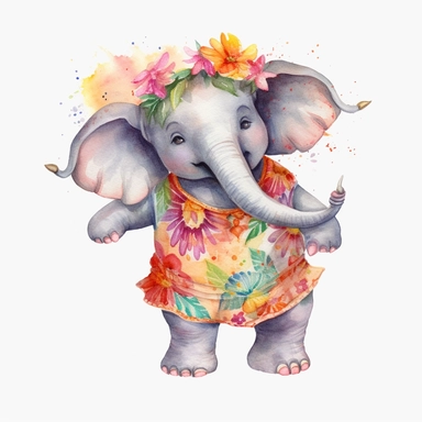 Summer hawaiian Chubby cute happy dancing elephant clipart watercolor isolated on the white background sublimation, Monica Rohan, white background realistic, watercolor, textured 8k, detail illustration, white background
