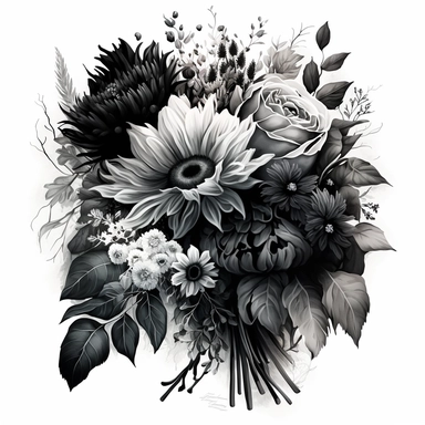 clipart watercolor detailed and realistic. on white background. beautiful flower tribute, Bouquet. dark theme, greyscale - loss funeral Themed tribute bouquet