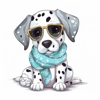 funny kawaii Dalmatian Puppy with Balenciaga sunglasses and cool bandana or necklaces, cute illustration, clipart, white backgound, Cuttable Design