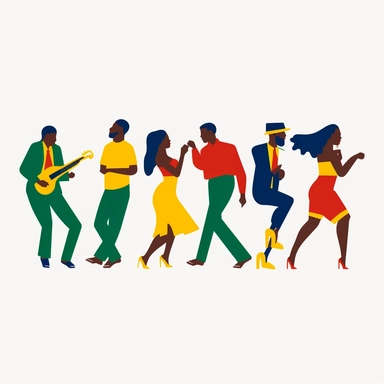 a group of black people jazz dancing, dressed in red, green and yellow, juneteeth clipart, flat vector style, faceless, minimalist clipart, white background
