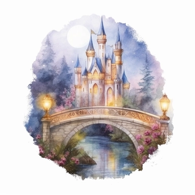 light watercolor wild castle and beauty princess in the moonlight in beautiful forest with bridges, roses, flowers,and lights realistic clipart on white background