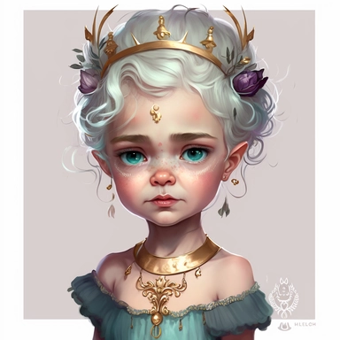 boho little girl, big eyes, light lavender skin, short white hair in tall updo with a small gold crown, teal eyeshadow and red lipstick, black cami, nautilus shell necklace, evil laugh, holding a gold trident, very detailed and realistic, watercolor, portrait, white background with margins, clipart style,