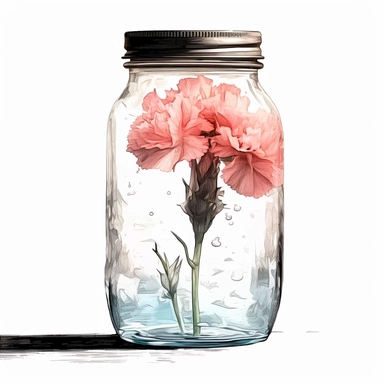 Carnation in a There is water in the jar vase. Clipart style by Lucy Fleming, watercolor, smooth gradients, black contour outline, ultra detailed, clipart elements, delicate pastel colors, solid white background, super clear, high quality