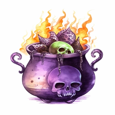 hand drawn black cauldron with bubbling potion, large bone in the cauldron, an octopus tentacle coming out of cauldron and hanging on the side, Halloween, purple orange and green shades, fantasy, glamorous, clipart style, detailed and realistic, watercolor, white background with margins