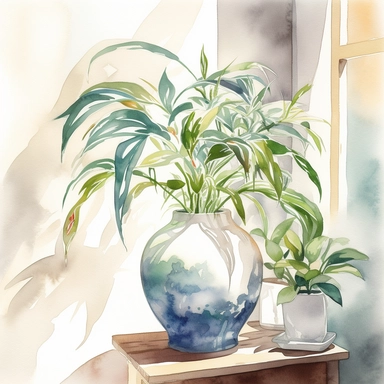 [1] is a lush, green house plant with vibrant leaves and delicate tendrils, standing tall in a [2] white vase. The clipart-style illustration features watercolor strokes, adding an artistic touch. The background is a pristine white, allowing the plant to take center stage. The scene is set in a bright, sunlit room, creating a fresh and invigorating atmosphere. The lighting effect is soft, diffused, and warm, casting gentle shadows that accentuate the plant's form. The plant exudes vitality and f