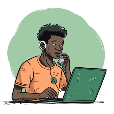 person looking at a laptop screen while holding a microphone answering user questions, clipart