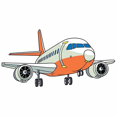 Airplane concept, cartoon style art, classic 2D vector art with white background, clean lines, black border, solid white background, clipart, clip art, bright colors