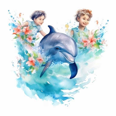 watercolor boys and girls swimming with dolphins, roses clipart on white background