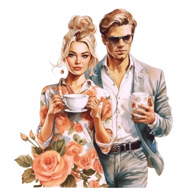 beauty couple drinking coffee, vintage cups, flower digital clipart on white background
